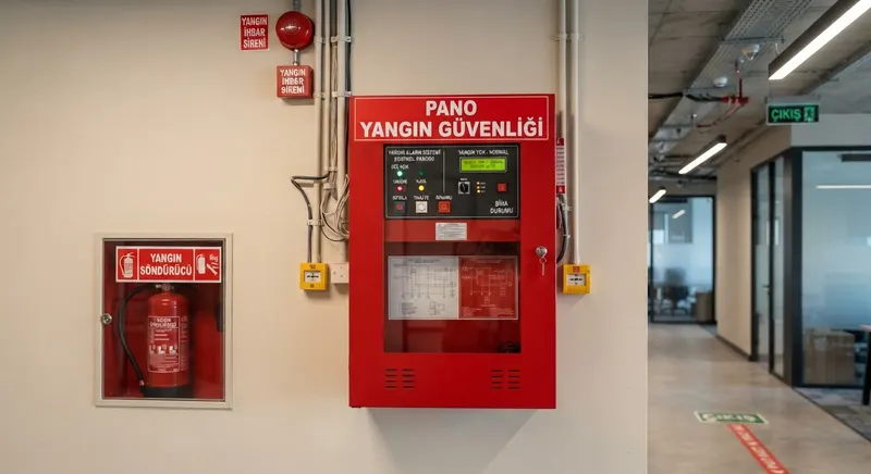 Koridor duvarında yangın söndürücü dolabının yanında duran kırmızı yangın güvenliği panosu