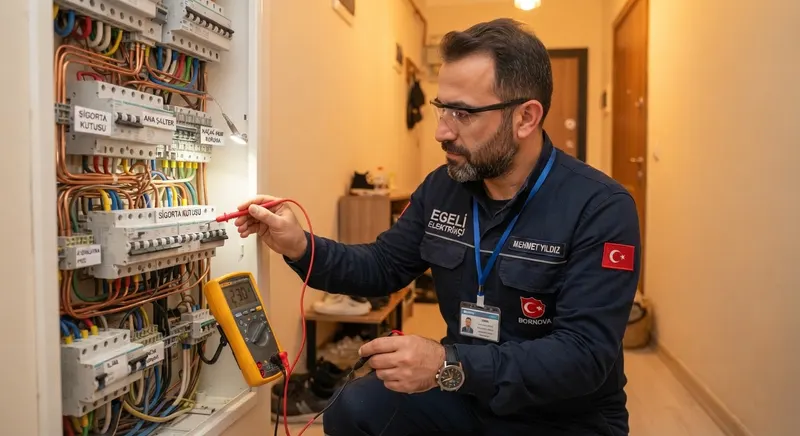 Bornova'da bir dairede sigorta panosunu ölçen elektrik teknisyeni