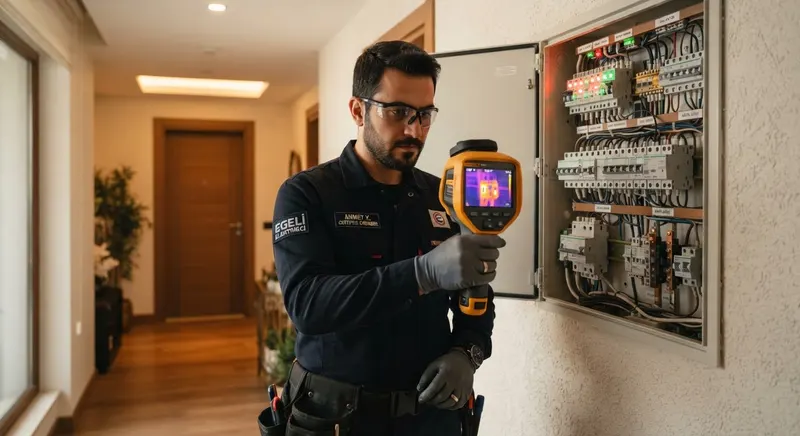 Termal kamerayla sigorta panosunu inceleyen elektrik teknisyeni