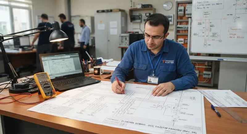 Ofis katında elektrik şeması inceleyen teknisyen